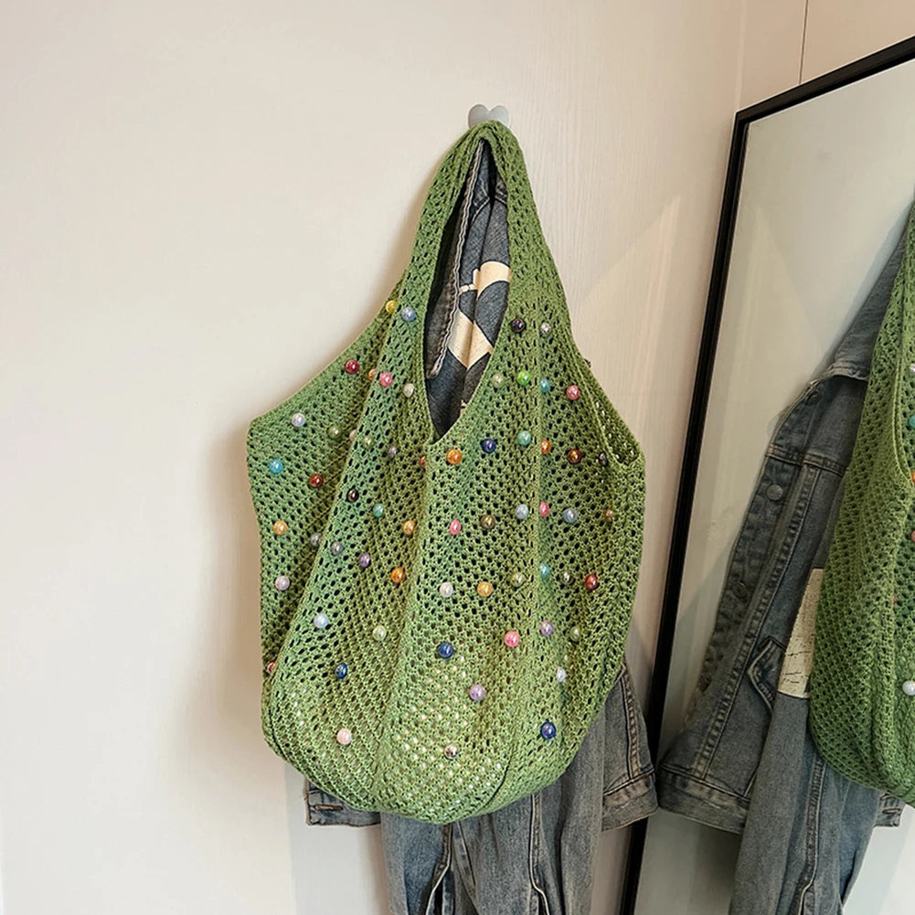 Sac à main Boho en Crochet pour femmes, avec perles colorées, en tricot esthétique, fourre-tout tricoté