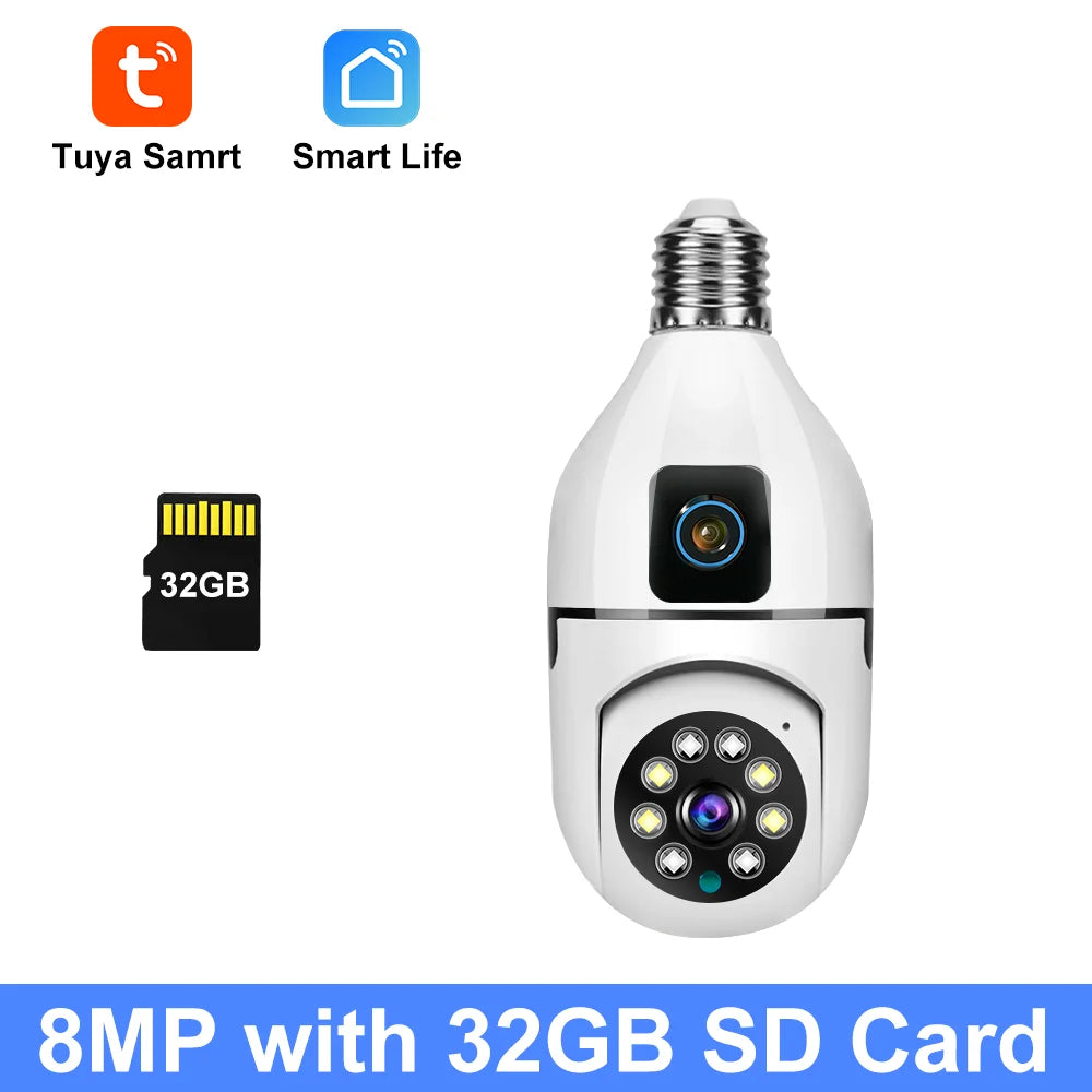 8MP HD PTZ WiFi double objectif double écran E27 ampoule caméra Tuya intelligente sécurité vidéo Surveillance suivi automatique