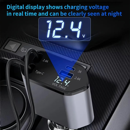 Chargeur de voiture à charge rapide rétractable, câble rétractable, 2 ports USB, adaptateur compatible, 4 en 1, 120W