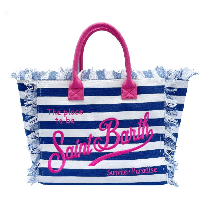 2025 New Women'S Large Capacity Casual Beach Canvas Striped Tassel Handheld Tote Bag