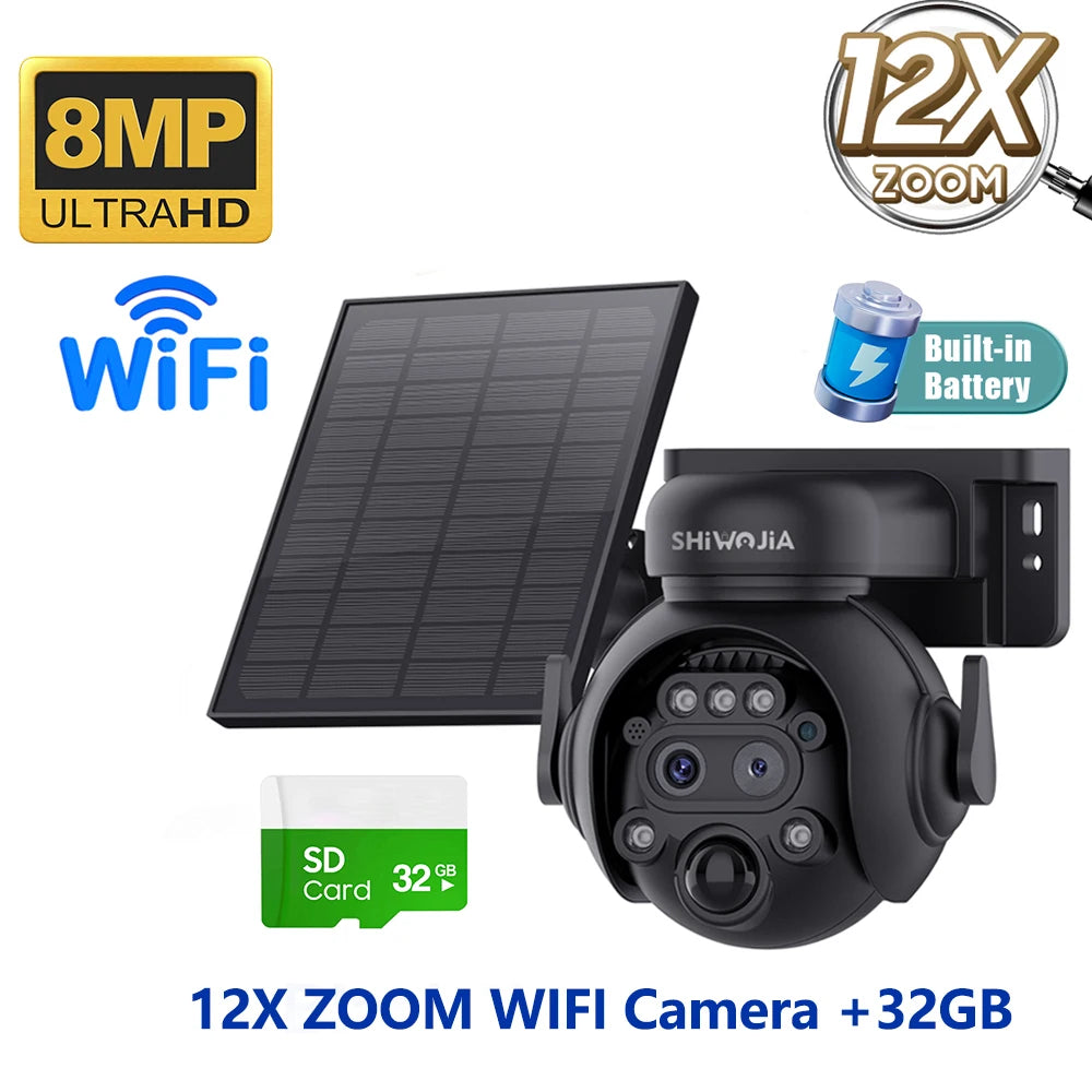 SHIWOJIA 12X Zoom 4G LTE Solar Security Camera 8MP Night Vision Dual-Lens Outdoor Wifi Solar Battery Camera PIR Human Detection
