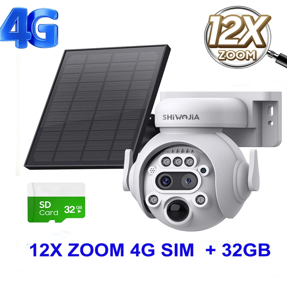 SHIWOJIA 12X Zoom 4G LTE Solar Security Camera 8MP Night Vision Dual-Lens Outdoor Wifi Solar Battery Camera PIR Human Detection