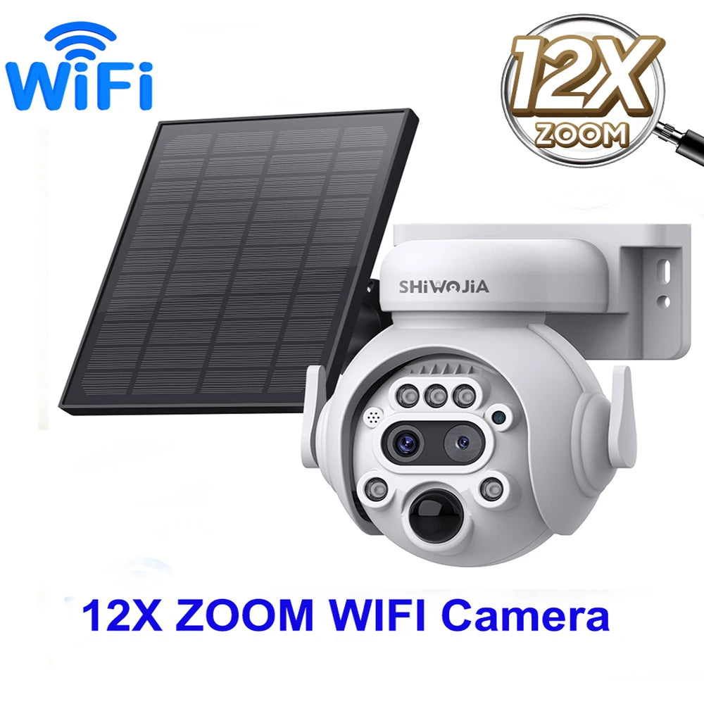 SHIWOJIA 12X Zoom 4G LTE Solar Security Camera 8MP Night Vision Dual-Lens Outdoor Wifi Solar Battery Camera PIR Human Detection