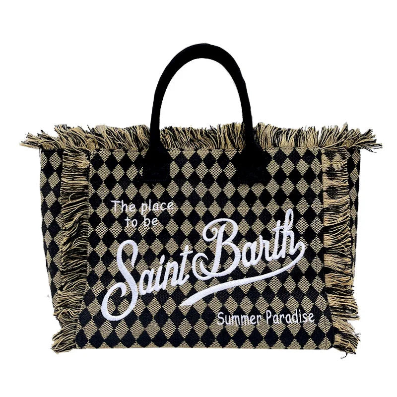 2025 New Women'S Large Capacity Casual Beach Canvas Striped Tassel Handheld Tote Bag