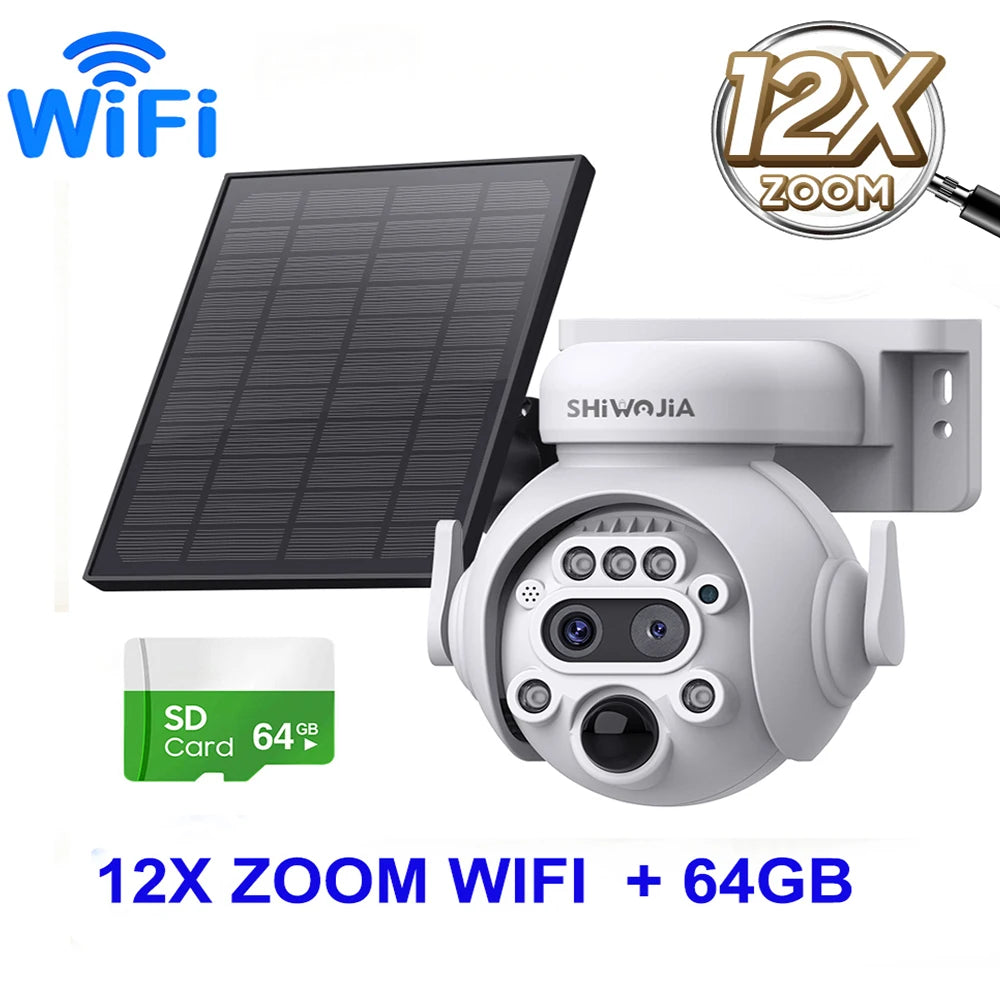 SHIWOJIA 12X Zoom 4G LTE Solar Security Camera 8MP Night Vision Dual-Lens Outdoor Wifi Solar Battery Camera PIR Human Detection