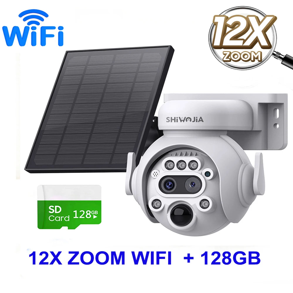 SHIWOJIA 12X Zoom 4G LTE Solar Security Camera 8MP Night Vision Dual-Lens Outdoor Wifi Solar Battery Camera PIR Human Detection