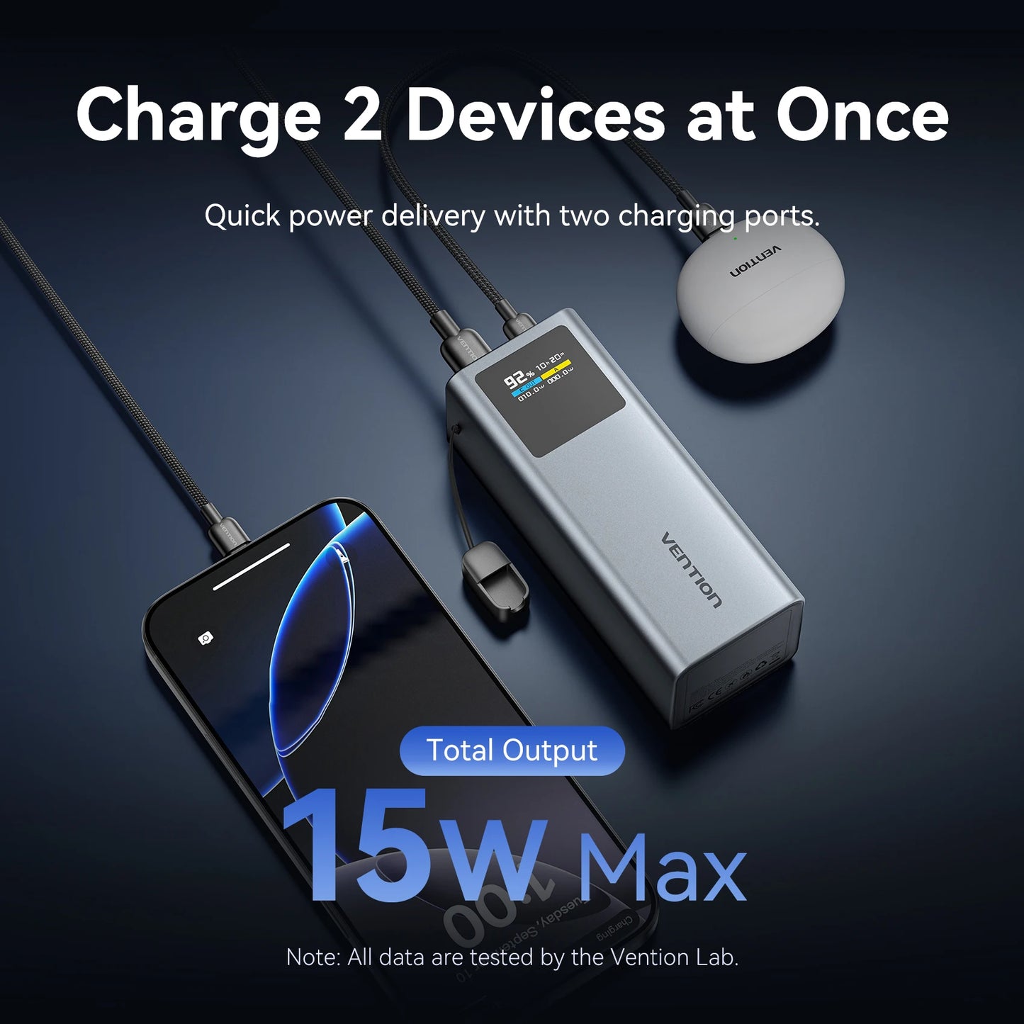 Charge rapide Vention 20000mAh 100W avec câble USB-C détachable, batterie externe et écran TFT intelligent
