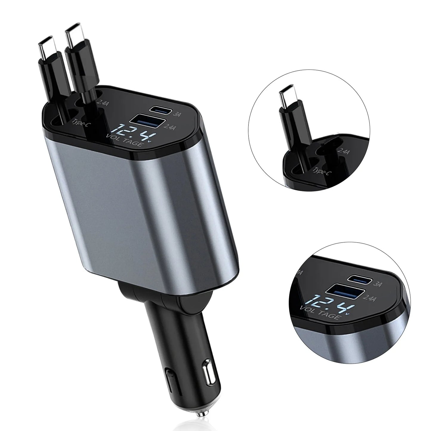 Chargeur de voiture à charge rapide rétractable, câble rétractable, 2 ports USB, adaptateur compatible, 4 en 1, 120W