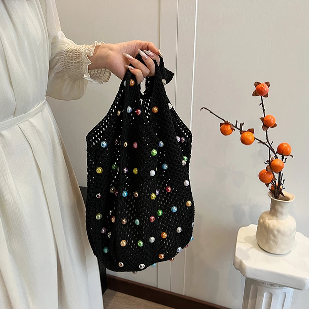 Sac à main Boho en Crochet pour femmes, avec perles colorées, en tricot esthétique, fourre-tout tricoté