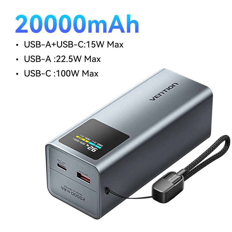 Charge rapide Vention 20000mAh 100W avec câble USB-C détachable, batterie externe et écran TFT intelligent