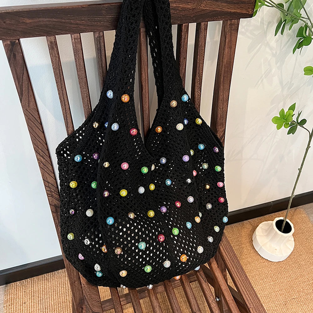 Sac à main Boho en Crochet pour femmes, avec perles colorées, en tricot esthétique, fourre-tout tricoté