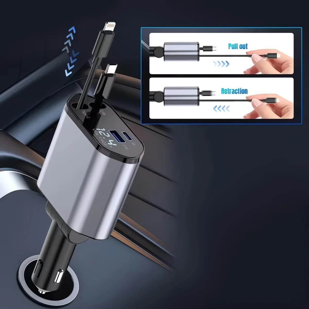 Chargeur de voiture à charge rapide rétractable, câble rétractable, 2 ports USB, adaptateur compatible, 4 en 1, 120W