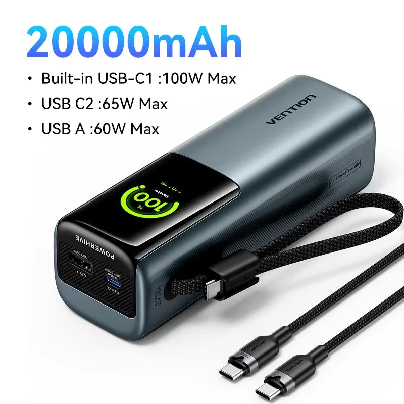 Charge rapide Vention 20000mAh 100W avec câble USB-C détachable, batterie externe et écran TFT intelligent
