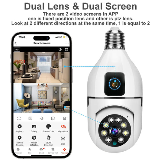 8MP HD PTZ WiFi double objectif double écran E27 ampoule caméra Tuya intelligente sécurité vidéo Surveillance  suivi automatique