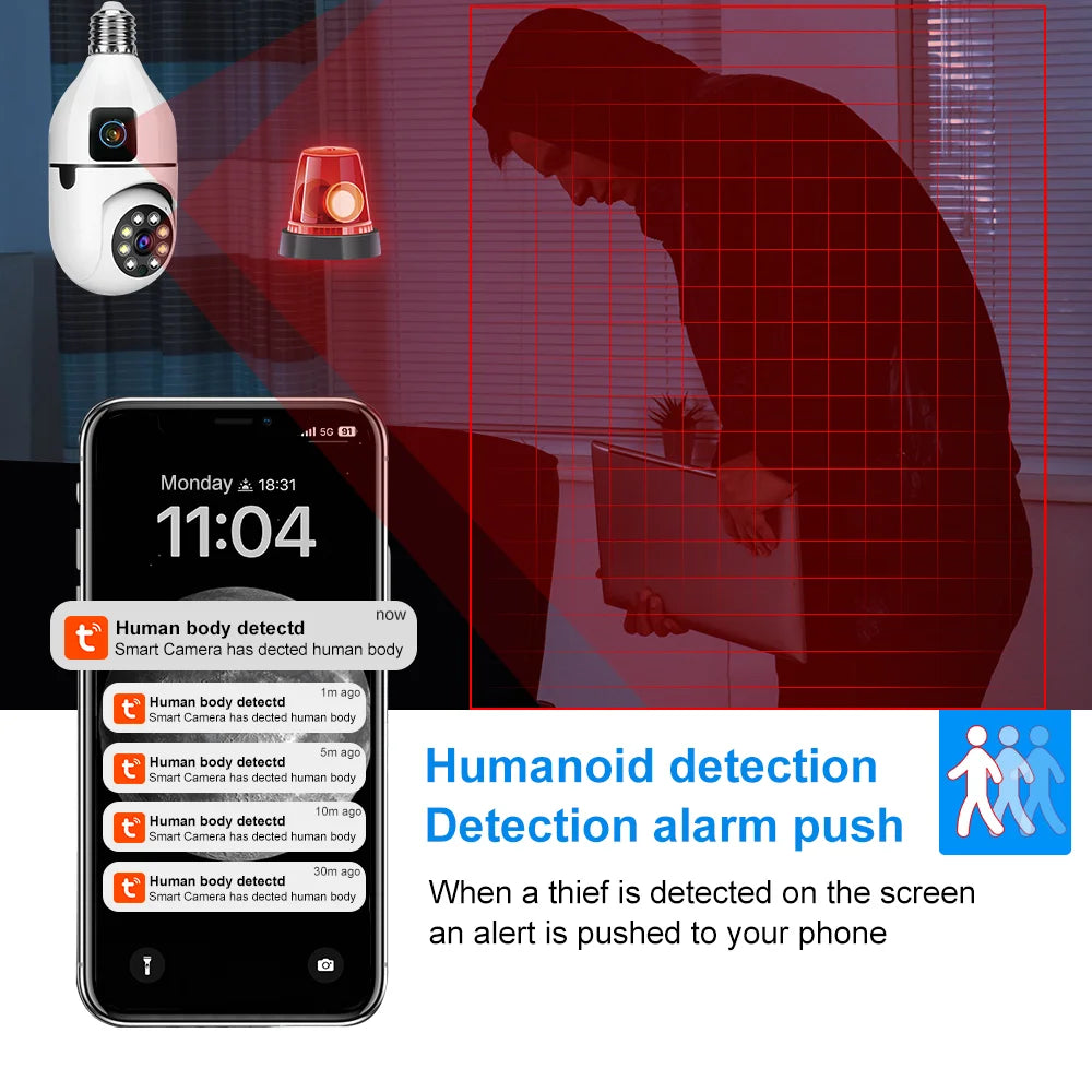 8MP HD PTZ WiFi double objectif double écran E27 ampoule caméra Tuya intelligente sécurité vidéo Surveillance  suivi automatique