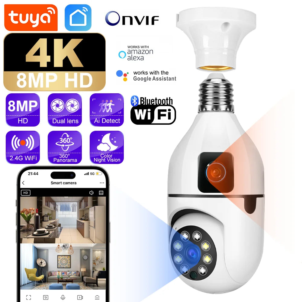 8MP HD PTZ WiFi double objectif double écran E27 ampoule caméra Tuya intelligente sécurité vidéo Surveillance  suivi automatique