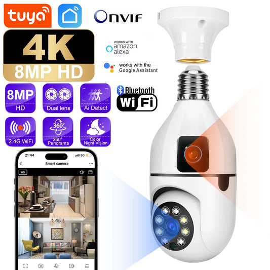 8MP HD PTZ WiFi double objectif double écran E27 ampoule caméra Tuya intelligente sécurité vidéo Surveillance  suivi automatique