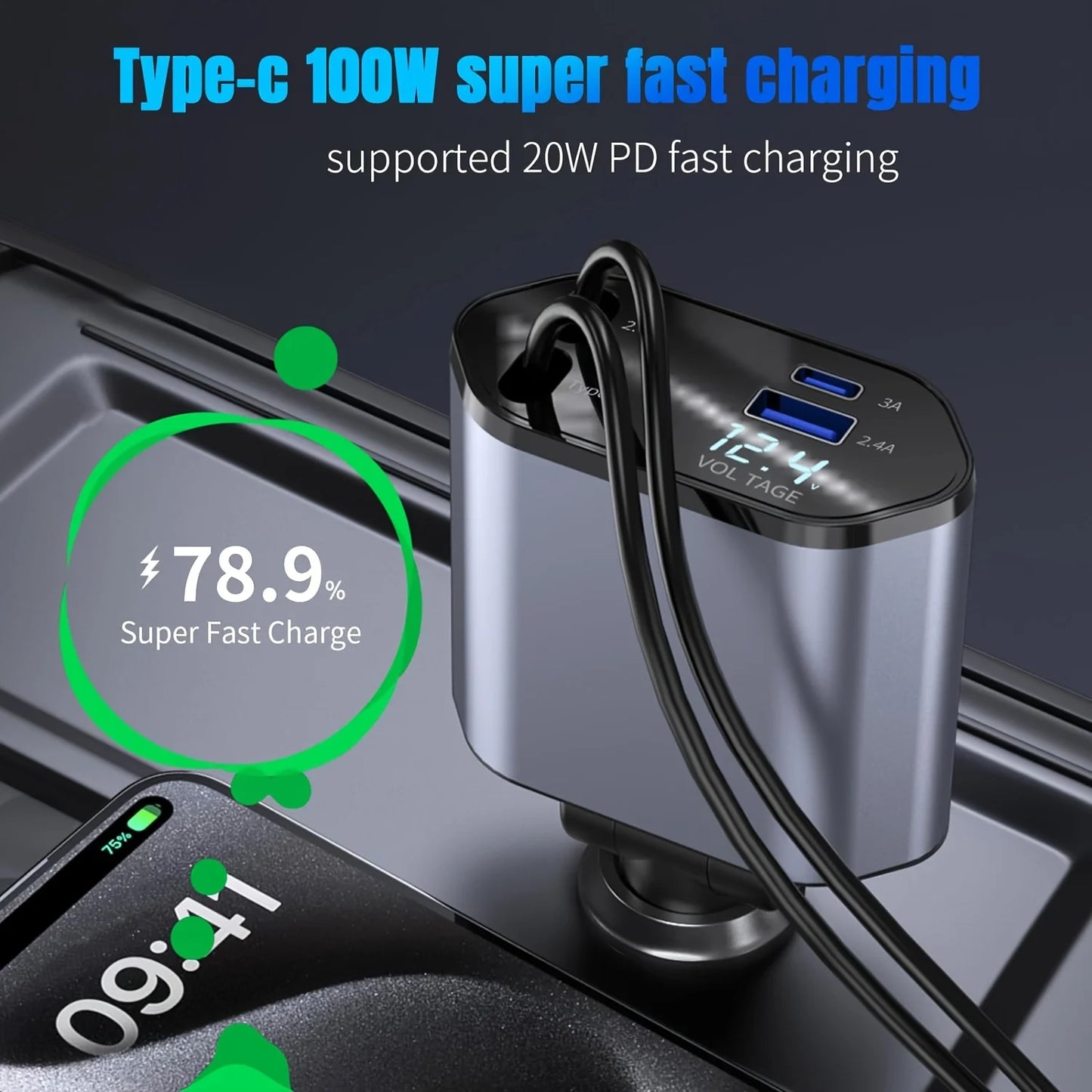 Chargeur de voiture à charge rapide rétractable, câble rétractable, 2 ports USB, adaptateur compatible, 4 en 1, 120W