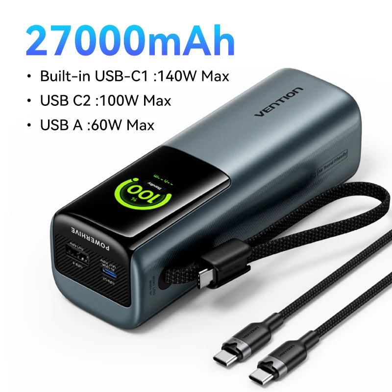 Charge rapide Vention 20000mAh 100W avec câble USB-C détachable, batterie externe et écran TFT intelligent