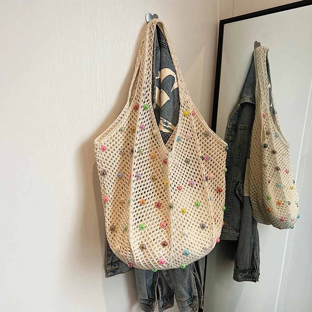 Sac à main Boho en Crochet pour femmes, avec perles colorées, en tricot esthétique, fourre-tout tricoté
