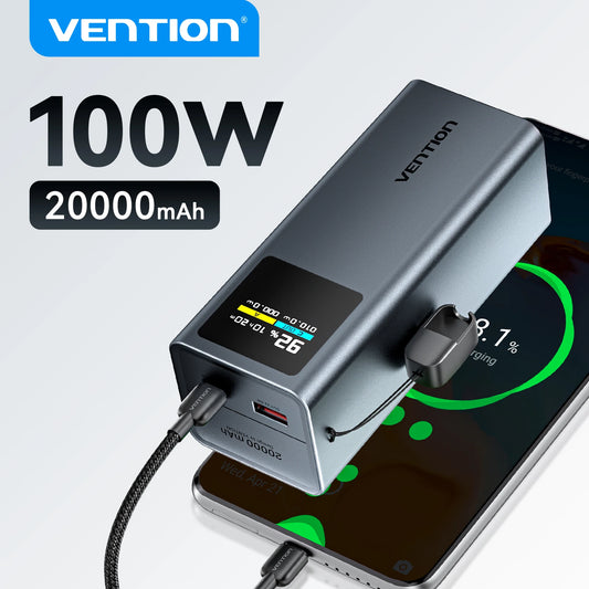 Charge rapide Vention 20000mAh 100W avec câble USB-C détachable, batterie externe et écran TFT intelligent
