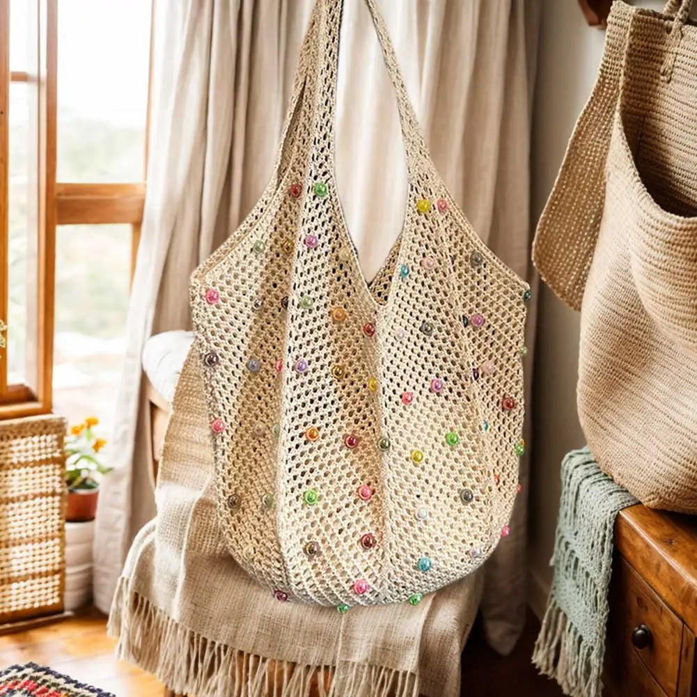 Sac à main Boho en Crochet pour femmes, avec perles colorées, en tricot esthétique, fourre-tout tricoté