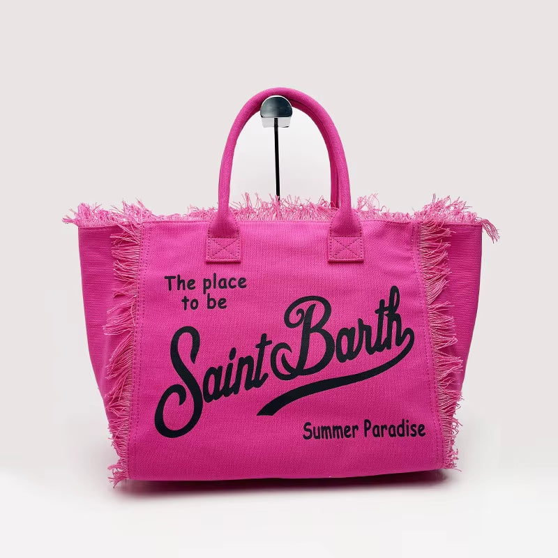 2025 New Women'S Large Capacity Casual Beach Canvas Striped Tassel Handheld Tote Bag