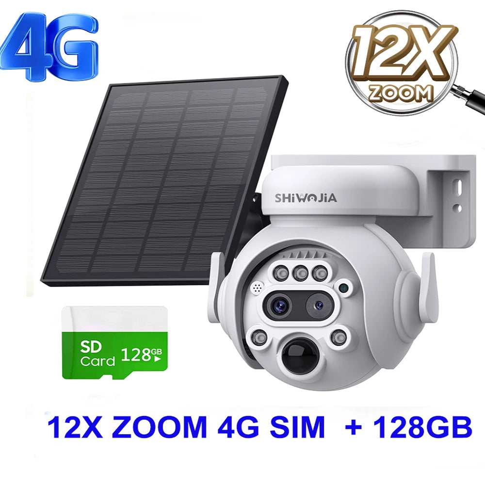 SHIWOJIA 12X Zoom 4G LTE Solar Security Camera 8MP Night Vision Dual-Lens Outdoor Wifi Solar Battery Camera PIR Human Detection
