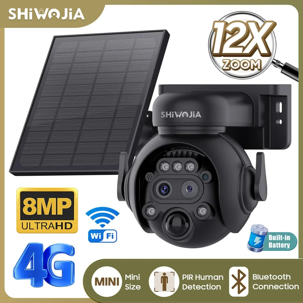 SHIWOJIA 12X Zoom 4G LTE Solar Security Camera 8MP Night Vision Dual-Lens Outdoor Wifi Solar Battery Camera PIR Human Detection