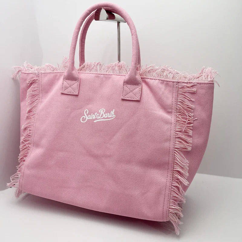 2025 New Women'S Large Capacity Casual Beach Canvas Striped Tassel Handheld Tote Bag