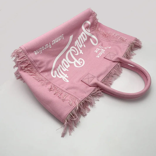 2025 New Women'S Large Capacity Casual Beach Canvas Striped Tassel Handheld Tote Bag