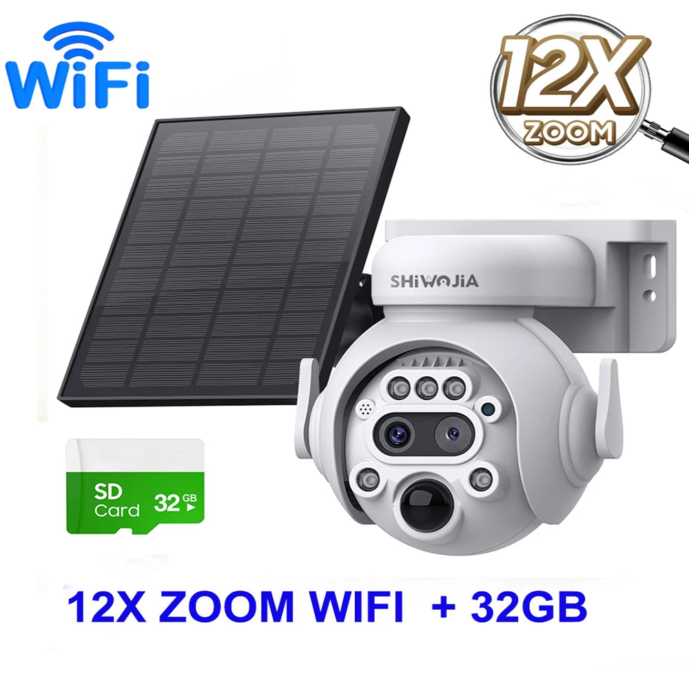 SHIWOJIA 12X Zoom 4G LTE Solar Security Camera 8MP Night Vision Dual-Lens Outdoor Wifi Solar Battery Camera PIR Human Detection