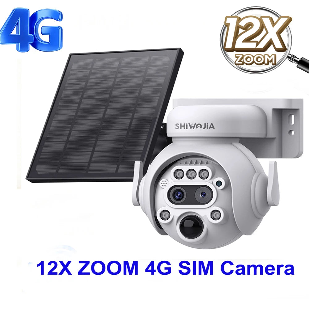 SHIWOJIA 12X Zoom 4G LTE Solar Security Camera 8MP Night Vision Dual-Lens Outdoor Wifi Solar Battery Camera PIR Human Detection